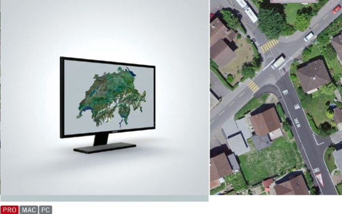 Geodatenanwendung: Das Orthophotomosaik SWISSIMAGE 10 cm ist eine Zusammensetzung der neuen digitalen Farbluftbilder über die ganze Schweiz mit einer Bodenauﬂösung von 10 cm im Flachland und den wichtigsten Alpentä- lern sowie 25 cm in den Alpen. Es wird in einem Nachführungszyklus von drei Jahren aktualisiert.