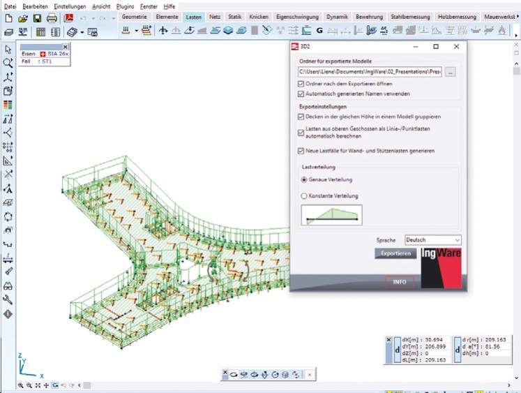 Automatische Umwandlung vom 3D-Modell in mehreren 2D-Modellen mit Hilfe vom IngWare App «Platten extrahieren (3D2)».