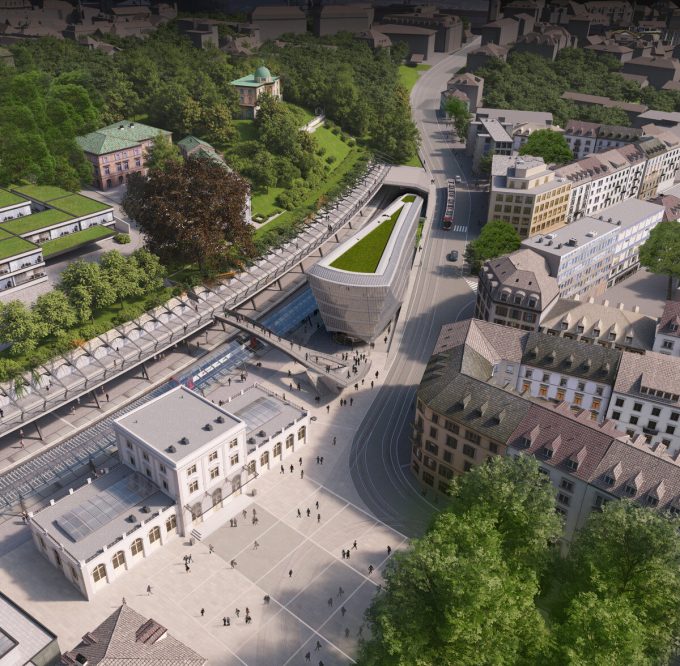 Visualisierung des geplanten Haus zum Falken von Santiago Calatrava neben dem Bahnhof Zürich Stadelhofen. (Visualisierung: Hochbaudepartement Stadt Zürich)