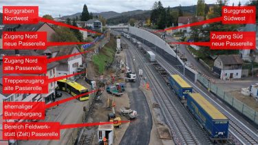 Das Foto vom 21. Oktober 2022 zeigt die aktuelle Situation um den künftigen Standort der neuen Passerelle Schwieri vom Bahnhof in Richtung Olten gesehen. (Foto: SBB)