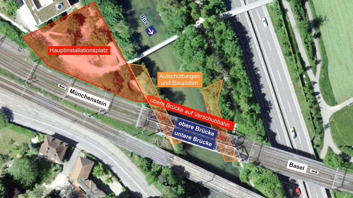 Das Satellitenfoto zeigt die Lage der beiden Brücken sowie die Position des Hauptinstallationsplatzes und der temporären Aufschüttungen, über welche die Baupisten verlaufen. (Bild-Montage: SBB)